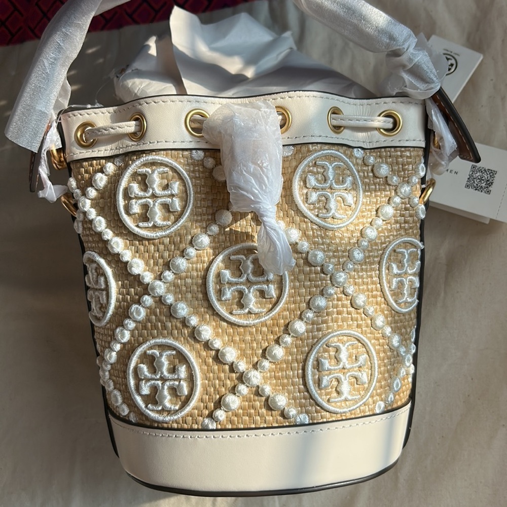 Tory Burch T Monogram Embroidered Raffia Mini Bucket Bag New Ivory - Picture 4 of 10